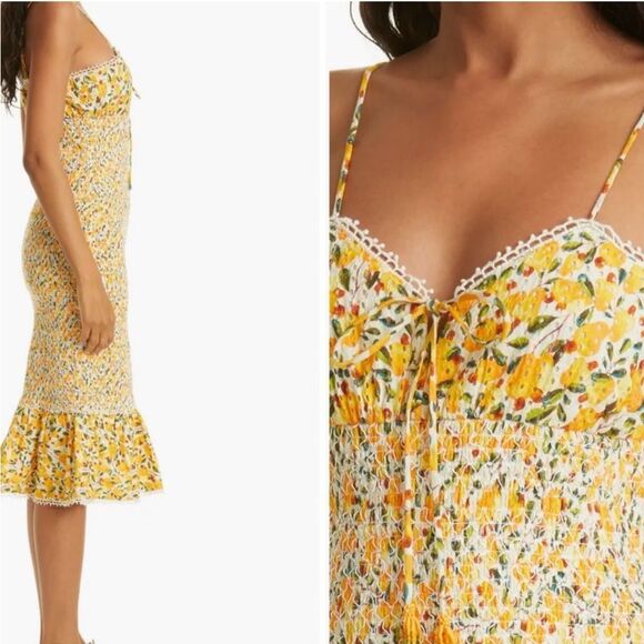 FARM Rio OFF WHITE CASHEW MIDI DRESS floral yellow size XS bodycon - Picture 1 of 9